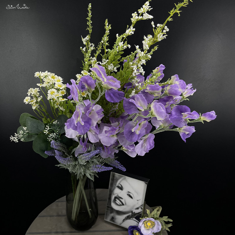 SunMade Ziemeļu zirņu ziedu zars Zīds Mākslīgie Ziedi Kāzu Mājas Noformējums Līgavas Pušķis Flores Artificales Violeta Flore