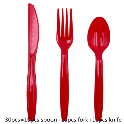 Plastmasas vienreizējās lietošanas dakšiņas Naži Karotes Sarkana Zila Rozā Zaļa Purpursarkana Galda piederumu Komplekts Kāzu dzimšanas dienas jubilejas ballītes piederumiem