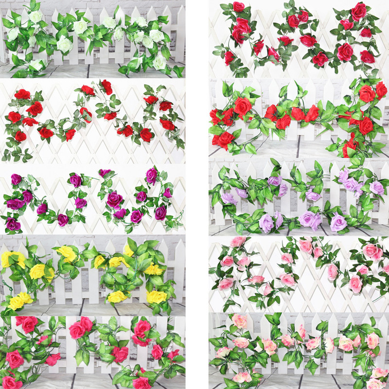 250 CM zīda rozes, vīnogulāju zaļās lapas, vītne mājas kāzu dekorēšanai, viltotu lapu vītne, mākslīgie ziedi.