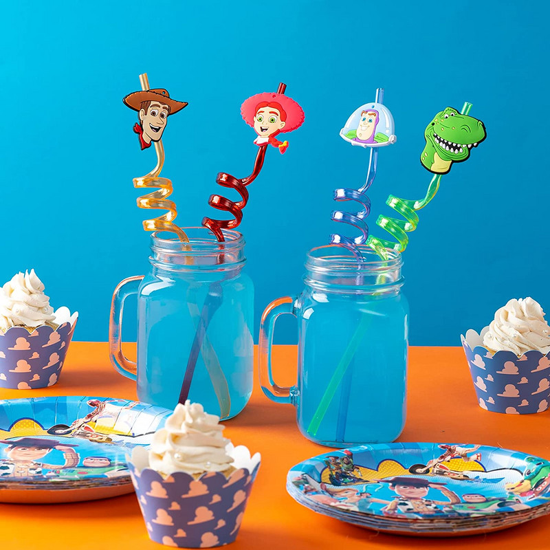 8gab Karikatūras rotaļlietu stāstu motīvu salmiņi Atkārtoti lietojami salmiņi dzeramajam salmiņam Bērnu dzimšanas dienas ballīšu rotājumi Baby Shower Party Favors Materiāli