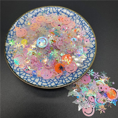 10g/iepakojumā 3-12mm maisījums Macaroon Colors Nagu vizuļi rokdarbiem Mirdzoša zvaigzne sirds Smiley sequins DIY manikīrs nagu mākslas dekors