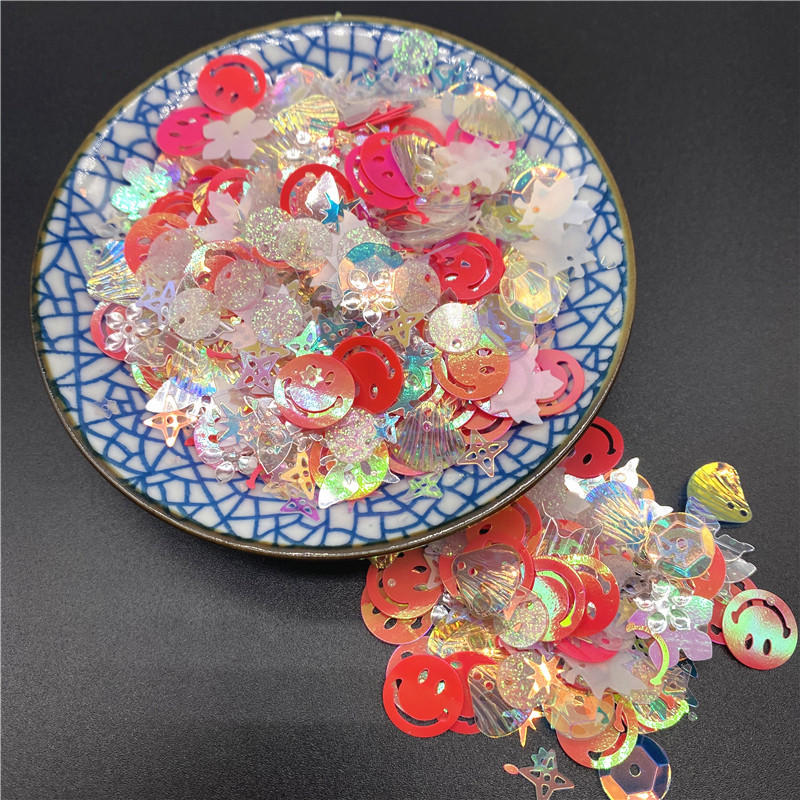 10g/iepakojumā 3-12mm maisījums Macaroon Colors Nagu vizuļi rokdarbiem Mirdzoša zvaigzne sirds Smiley sequins DIY manikīrs nagu mākslas dekors