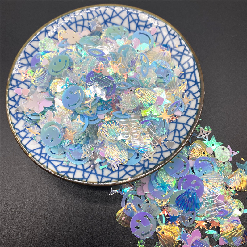 10g/iepakojumā 3-12mm maisījums Macaroon Colors Nagu vizuļi rokdarbiem Mirdzoša zvaigzne sirds Smiley sequins DIY manikīrs nagu mākslas dekors