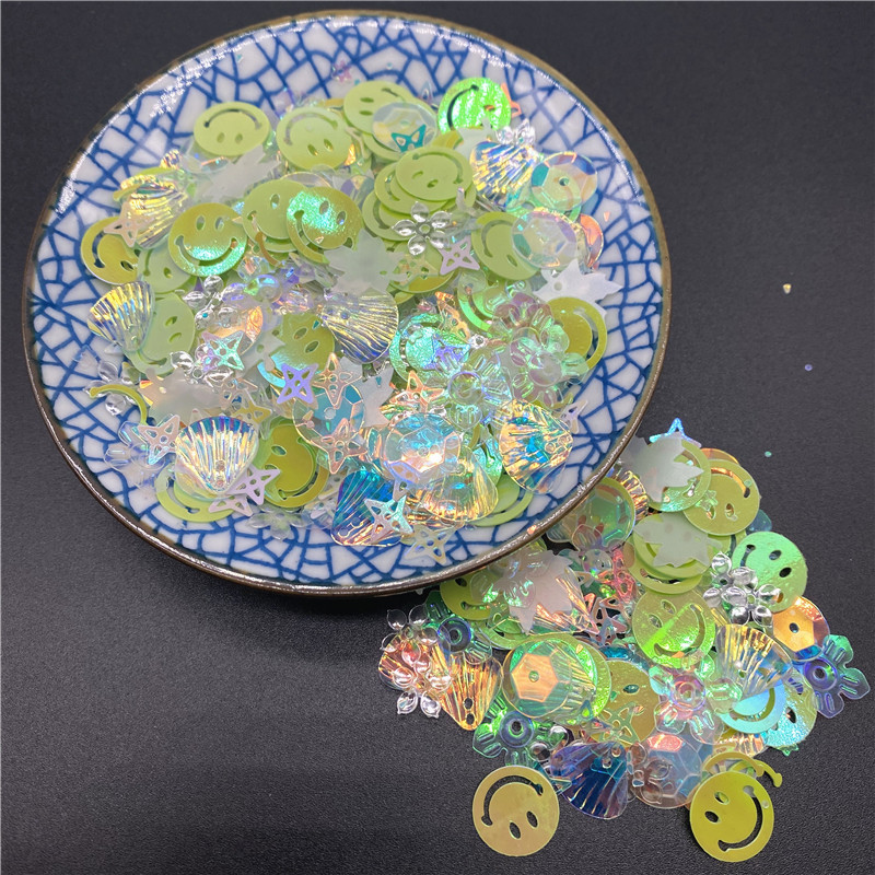 10g/iepakojumā 3-12mm maisījums Macaroon Colors Nagu vizuļi rokdarbiem Mirdzoša zvaigzne sirds Smiley sequins DIY manikīrs nagu mākslas dekors