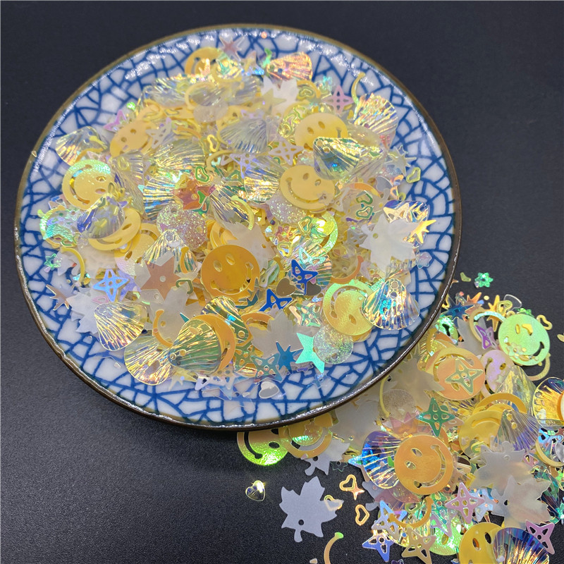 10g/iepakojumā 3-12mm maisījums Macaroon Colors Nagu vizuļi rokdarbiem Mirdzoša zvaigzne sirds Smiley sequins DIY manikīrs nagu mākslas dekors