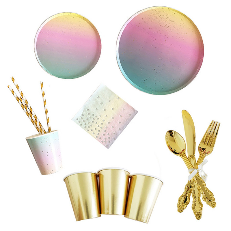 Σετ επιτραπέζια σκεύη ουράνιο τόξο για στολίδια πάρτι γενεθλίων Rainbow σερβίτσια Χάρτινα Πιάτα Κουπόνια Χαρτοπετσέτες Τραπεζομάντιλο Βραδινό μιας χρήσης