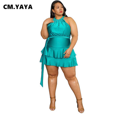CM.YAYA Plus Size Γυναικείες βολάν σε καταρράκτες Αμάνικο μεγάλη κούνια ψηλόμεσο σατέν φόρεμα για νυχτερινά νυχτερινά φορέματα κλαμπ καλοκαιρινού πάρτι