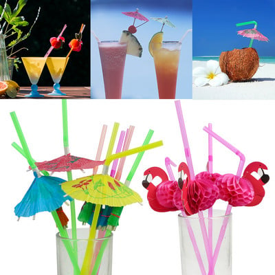 10/20 buc. Umbrelă tropicală de culoare amestecată, paie pentru cocktail, flamingo, ananas, suc de unică folosință, paie de băut, decorare pentru petreceri pe plajă din Hawaii