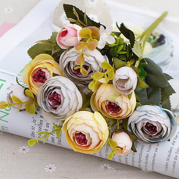 10 Heads Vintage Silk Flowers Retro Tea Roses Τεχνητά Λουλούδια Μπουκέτο Νύφης για Στολισμό Γάμου Σπίτι Fake Flowers A3050