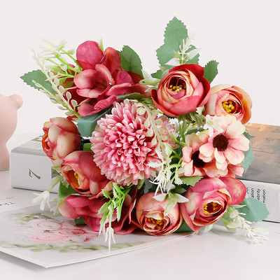 piros művirágok bazsarózsa tearózsa őszi selyem hamis virágok barkácsolás nappaliba Otthoni kert Esküvői dekoráció