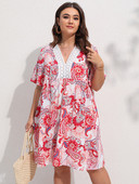 Finjani sieviešu kleita ar V veida kakla izgriezumu, grafiska, kontrastējoša mežģīņu kleita, brīva bohēmiska sieviešu lielizmēra apģērbs