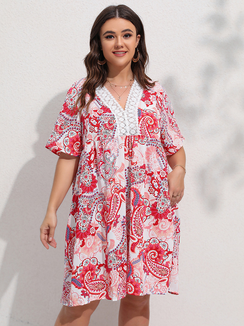 Finjani sieviešu kleita ar V veida kakla izgriezumu, grafiska, kontrastējoša mežģīņu kleita, brīva bohēmiska sieviešu lielizmēra apģērbs