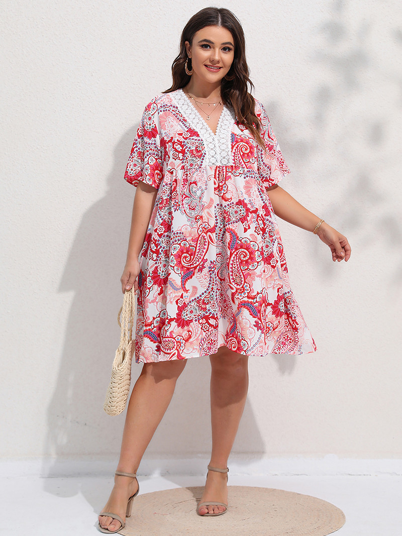 Finjani sieviešu kleita ar V veida kakla izgriezumu, grafiska, kontrastējoša mežģīņu kleita, brīva bohēmiska sieviešu lielizmēra apģērbs