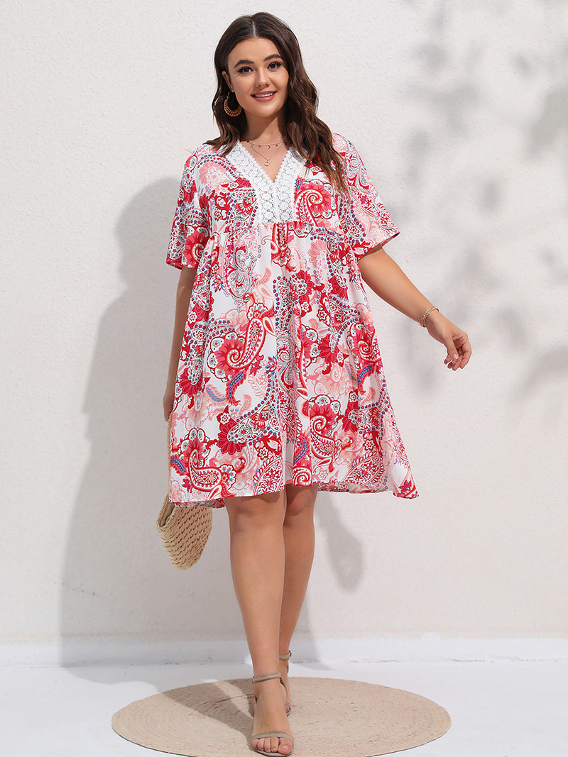 Finjani sieviešu kleita ar V veida kakla izgriezumu, grafiska, kontrastējoša mežģīņu kleita, brīva bohēmiska sieviešu lielizmēra apģērbs