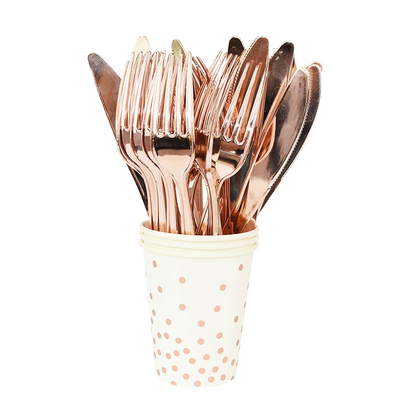 Rozā zelta ballīšu vienreizlietojamie trauki Papīra glāze Šķīvis Salvetes Dzimšanas dienas svinībām Kāzu piederumi Bērnu dušas priekšrocības