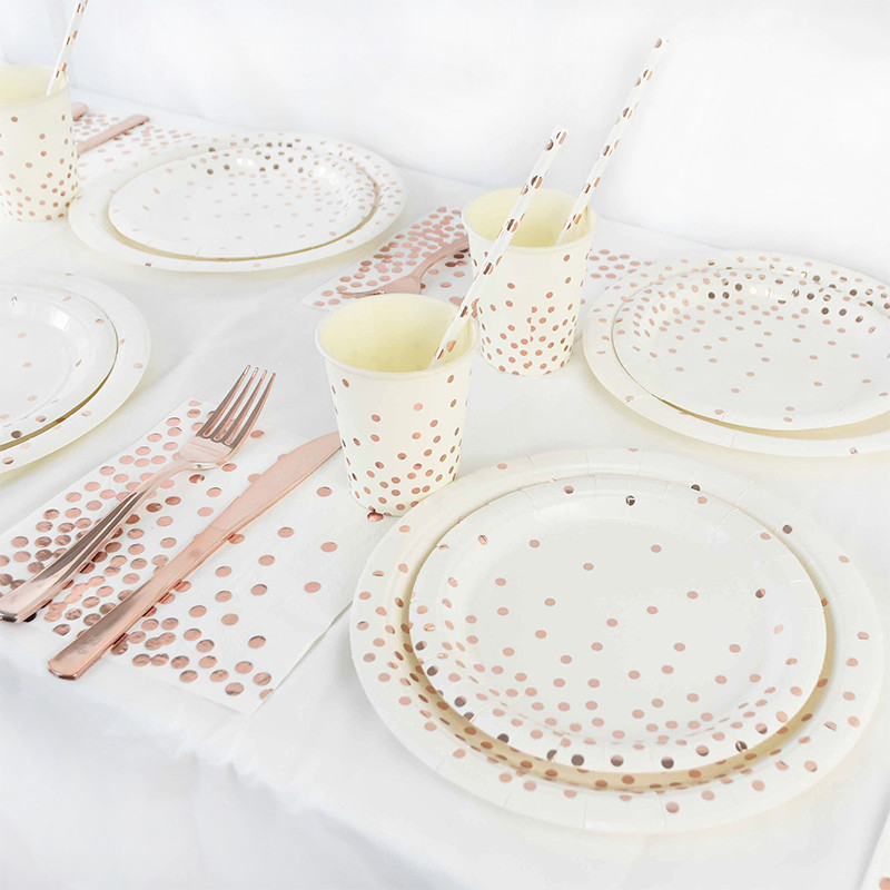 Rozā zelta ballīšu vienreizlietojamie trauki Papīra glāze Šķīvis Salvetes Dzimšanas dienas svinībām Kāzu piederumi Bērnu dušas priekšrocības