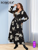 SOMOIA Liela izmēra sieviešu apģērbu kleitas Elegantas ziedu apdrukas ziedlapiņas ar garām piedurknēm lielas melnas ballīšu kleitas vairumtirdzniecība dropshipping