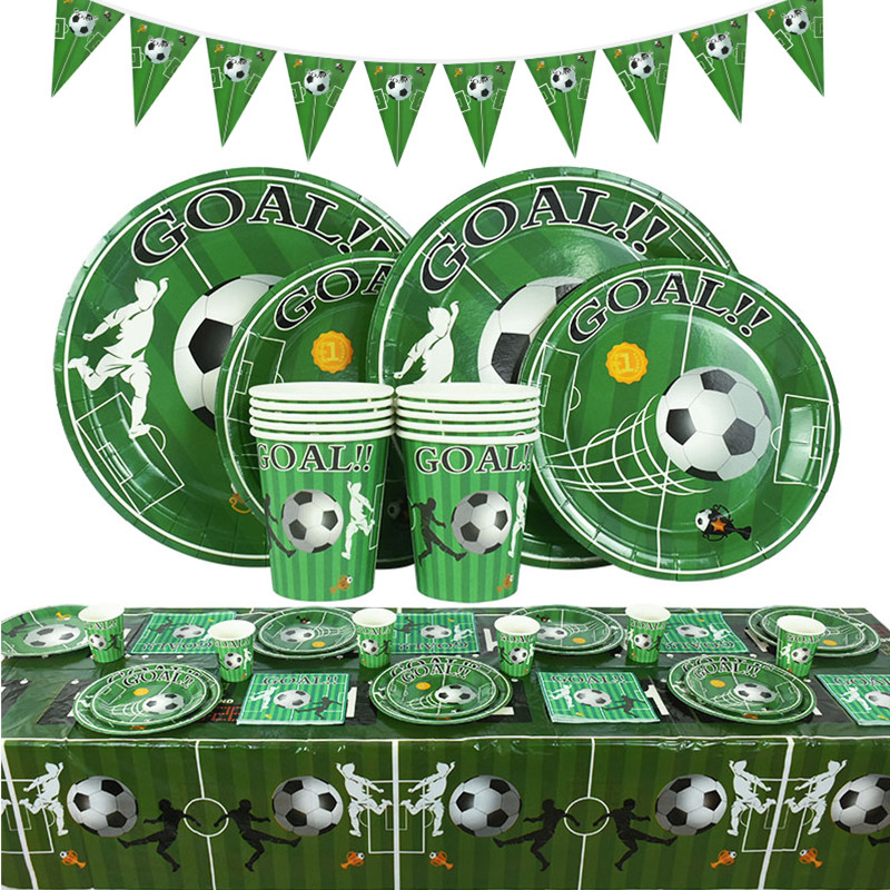 Futbola tēma Vienreizlietojamie galda piederumi Futbols Vārtu krūzes Šķīvji Salvetes Reklāmkarogs bērniem Zēns Daudz laimes dzimšanas dienas ballītes dekorēšanas piederumi