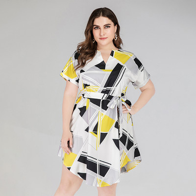 V veida kakla izgriezuma krekls ar īsām piedurknēm Lielizmēra kleitas Sieviešu Apģērbs Ar Jostu Vasaras gadījuma elastība Kleita Vestido Robe Femme Ete