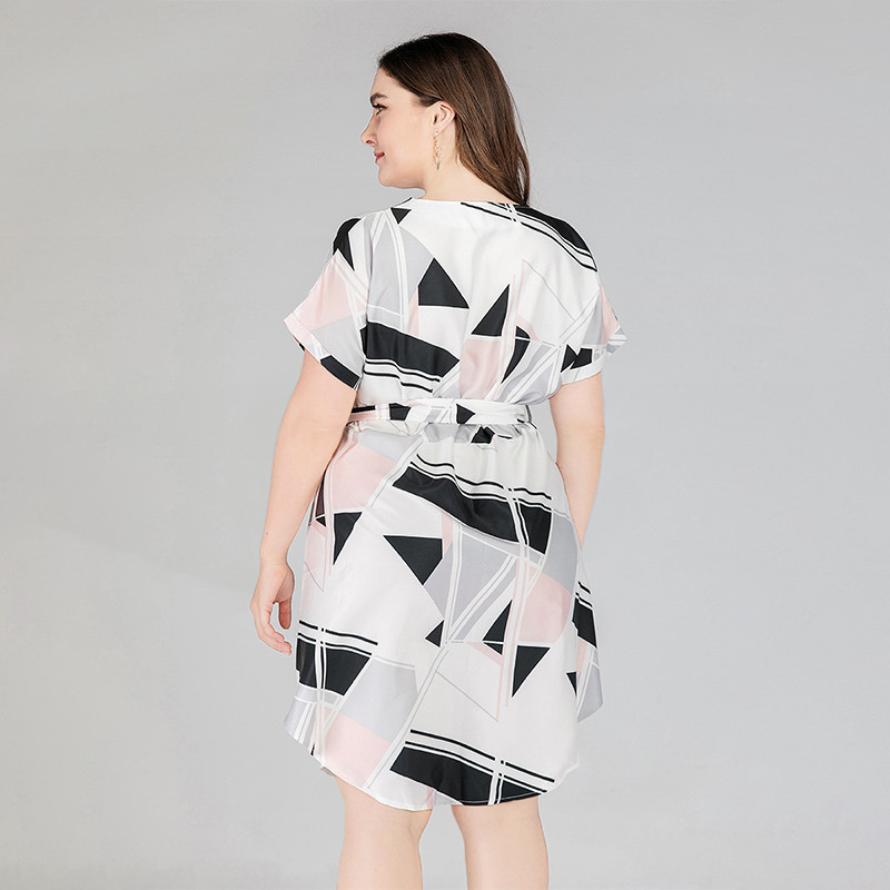 V veida kakla izgriezuma krekls ar īsām piedurknēm Lielizmēra kleitas Sieviešu Apģērbs Ar Jostu Vasaras gadījuma elastība Kleita Vestido Robe Femme Ete