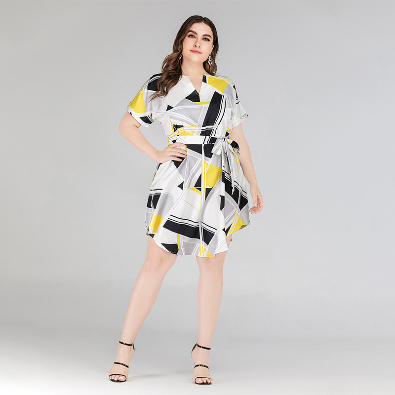 V veida kakla izgriezuma krekls ar īsām piedurknēm Lielizmēra kleitas Sieviešu Apģērbs Ar Jostu Vasaras gadījuma elastība Kleita Vestido Robe Femme Ete