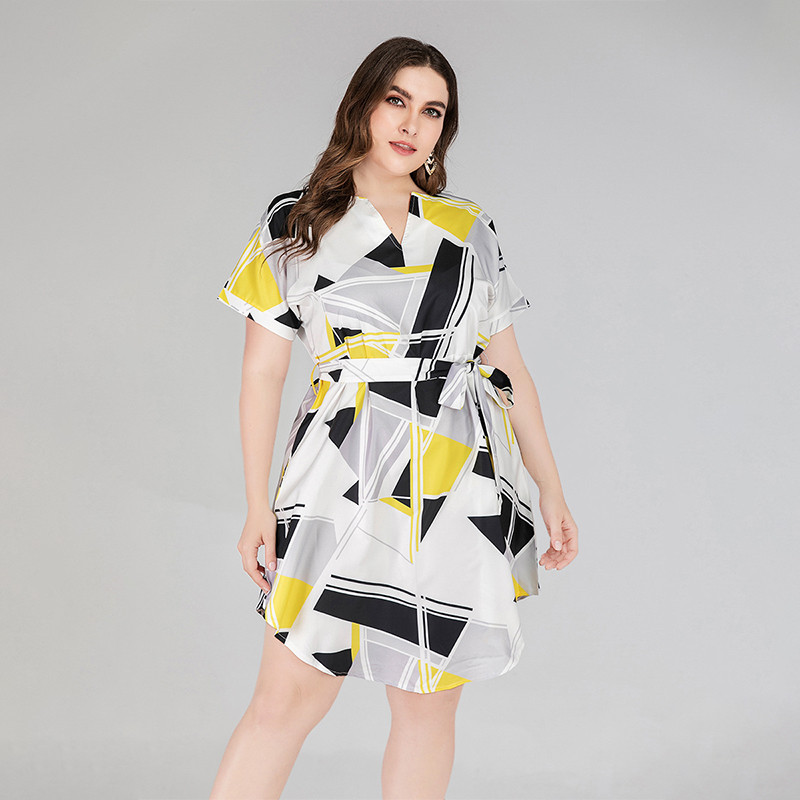 V veida kakla izgriezuma krekls ar īsām piedurknēm Lielizmēra kleitas Sieviešu Apģērbs Ar Jostu Vasaras gadījuma elastība Kleita Vestido Robe Femme Ete