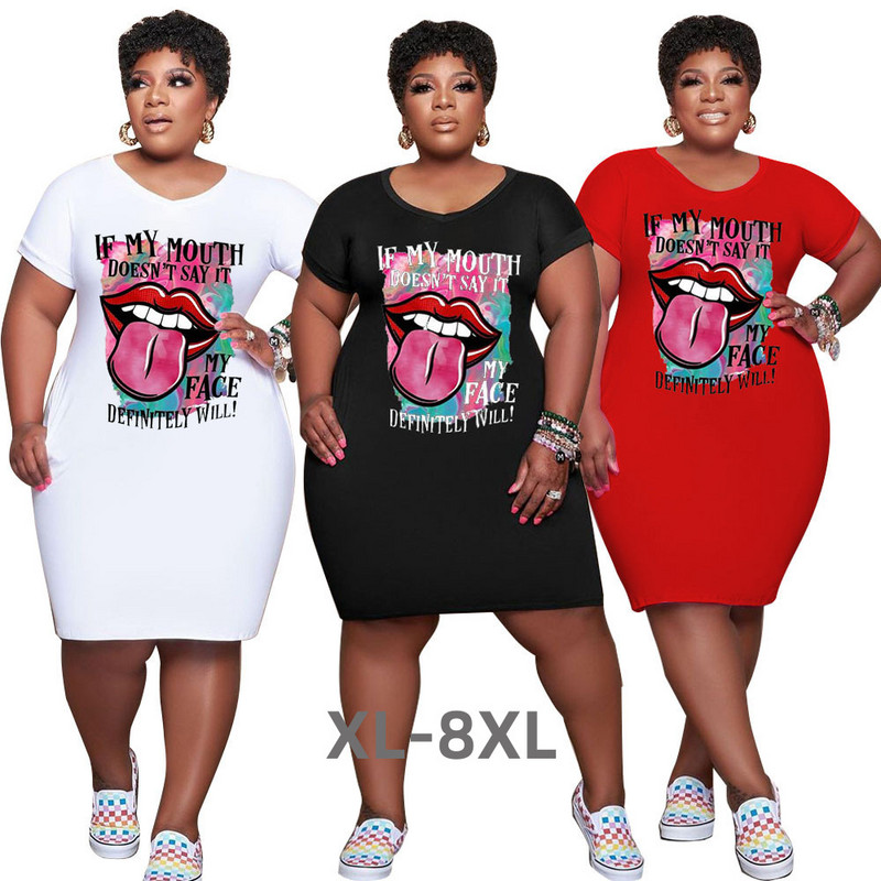 Liela izmēra ikdienas kleitas sievietēm Vasaras apģērbs ar lūpu apdruku o Kakls Brīvi Stretch Midi kleita 2023 3xl 4xl 5xl 6xl