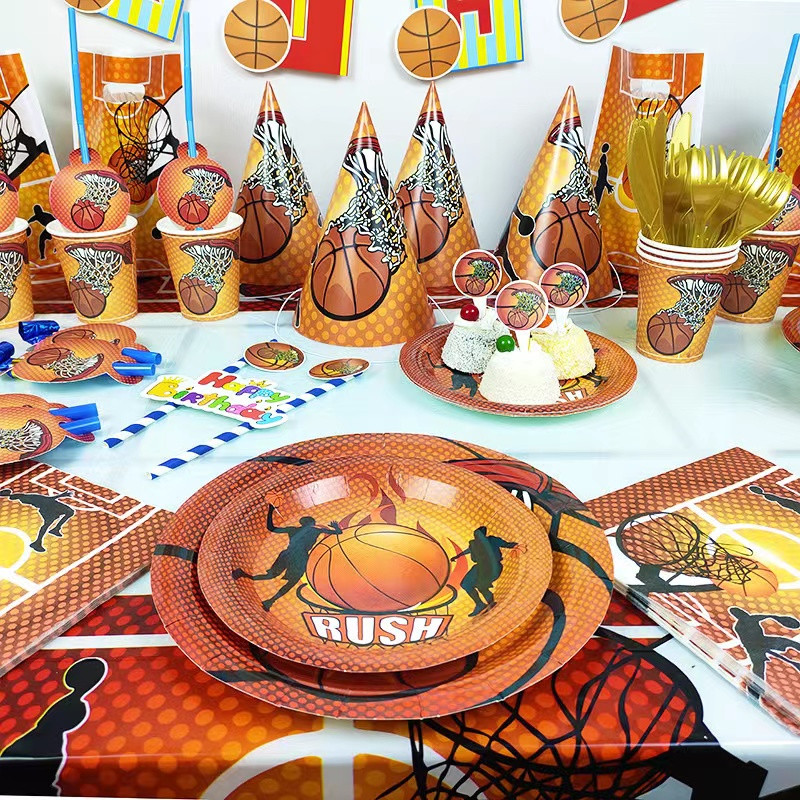 Baschet Tema petrecere desene animate Veselă de unică folosință Farfurii de hârtie Cești Balon Baby Shower Aniversare Adult Party Decor Supplies