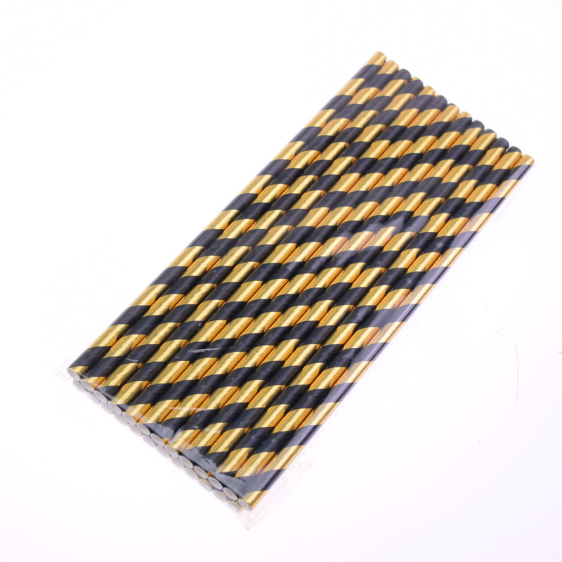 25GAB folijas svītraina papīra salmu zelta un melna vienreizlietojamo salmu dzimšanas dienas kāzu dekoratīvi ballītes pasākuma dzeršanas salmiņi