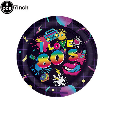 80. gadu 90. gadu ballīšu galda piederumu komplekts 1980. gadu dzimšanas dienas hiphopa ballīšu galda dekorācijas piederumi Atpakaļ uz 80. gadiem Papīra šķīvji Salvetes Dakša