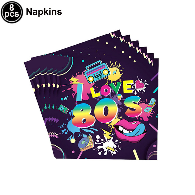 80. gadu 90. gadu ballīšu galda piederumu komplekts 1980. gadu dzimšanas dienas hiphopa ballīšu galda dekorācijas piederumi Atpakaļ uz 80. gadiem Papīra šķīvji Salvetes Dakša