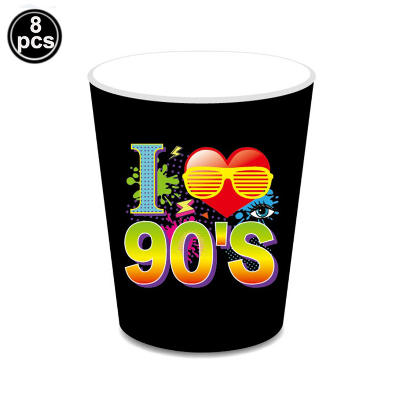 80. gadu 90. gadu ballīšu galda piederumu komplekts 1980. gadu dzimšanas dienas hiphopa ballīšu galda dekorācijas piederumi Atpakaļ uz 80. gadiem Papīra šķīvji Salvetes Dakša