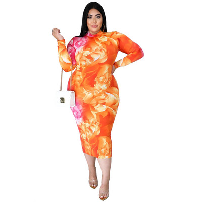 Liela izmēra rudens sieviešu apģērbi Seksīgas kleitas Sieviešu rāvējslēdzējs Slim Printing Garas kleitas Vairumtirdzniecība Dro 3xl 4xl 5xl 6xl