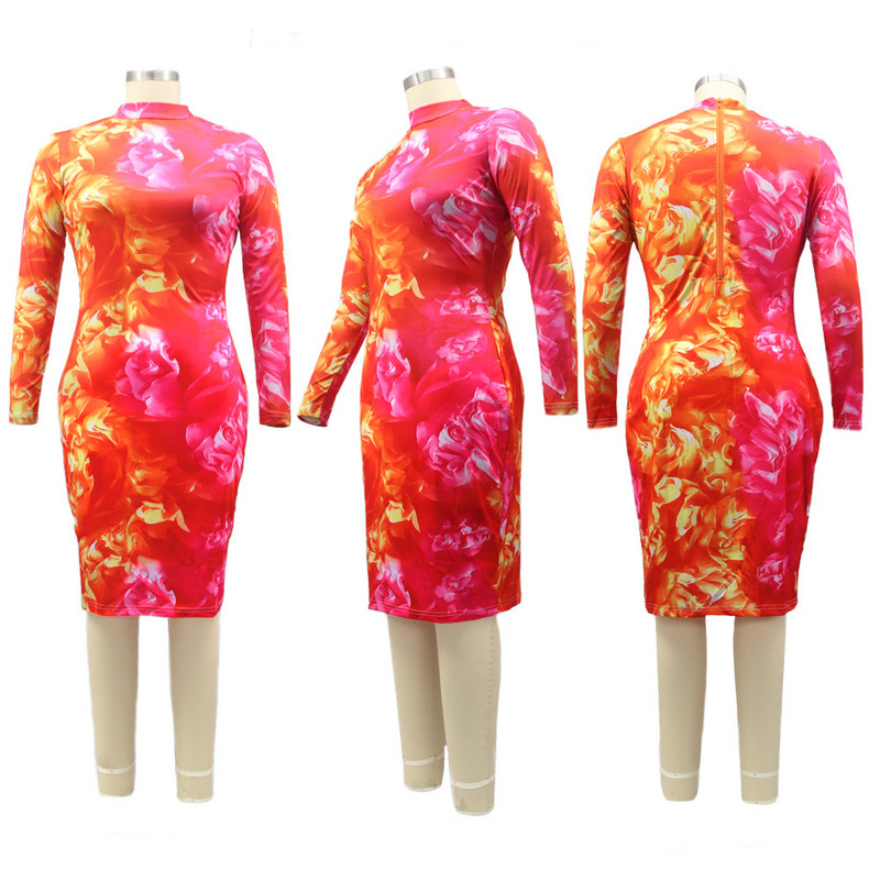 Liela izmēra rudens sieviešu apģērbi Seksīgas kleitas Sieviešu rāvējslēdzējs Slim Printing Garas kleitas Vairumtirdzniecība Dro 3xl 4xl 5xl 6xl