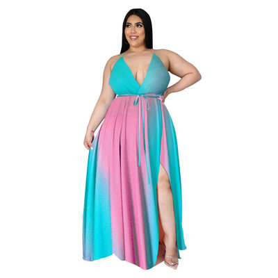 Liela izmēra Maxi Dress Vairumtirdzniecība Sieviešu apģērbu apdruka v kakls ar jostu Slip Tank Eleganta pilna garuma kleitas Su 3xl 4xl 5xl 6xl