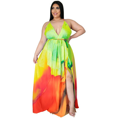 Liela izmēra Maxi Dress Vairumtirdzniecība Sieviešu apģērbu apdruka v kakls ar jostu Slip Tank Eleganta pilna garuma kleitas Su 3xl 4xl 5xl 6xl