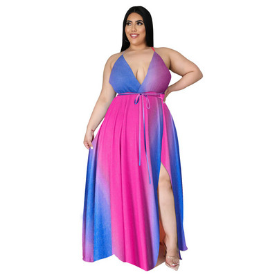 Liela izmēra Maxi Dress Vairumtirdzniecība Sieviešu apģērbu apdruka v kakls ar jostu Slip Tank Eleganta pilna garuma kleitas Su 3xl 4xl 5xl 6xl