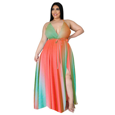 Liela izmēra Maxi Dress Vairumtirdzniecība Sieviešu apģērbu apdruka v kakls ar jostu Slip Tank Eleganta pilna garuma kleitas Su 3xl 4xl 5xl 6xl