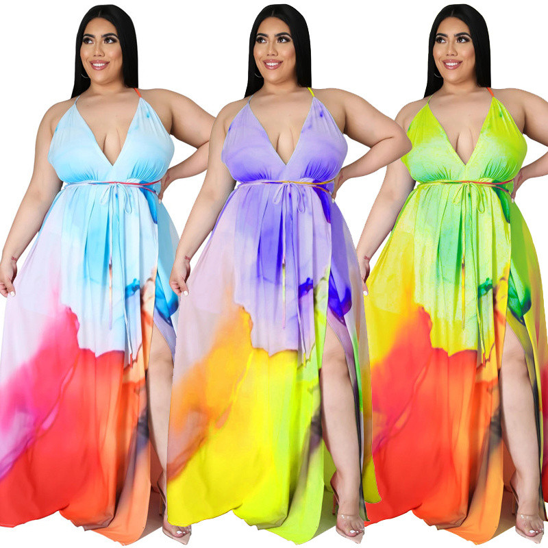 Liela izmēra Maxi Dress Vairumtirdzniecība Sieviešu apģērbu apdruka v kakls ar jostu Slip Tank Eleganta pilna garuma kleitas Su 3xl 4xl 5xl 6xl