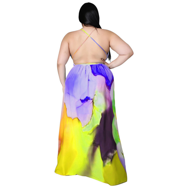 Liela izmēra Maxi Dress Vairumtirdzniecība Sieviešu apģērbu apdruka v kakls ar jostu Slip Tank Eleganta pilna garuma kleitas Su 3xl 4xl 5xl 6xl