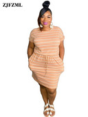 ZJFZML ZZ Liela izmēra sieviešu apģērbs Balts, svītrains apdruka ar apaļu kakla izgriezumu ar īsām piedurknēm aukliņu ar augstu vidukli Taisni T-krekli Kleitas