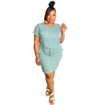 ZJFZML ZZ Liela izmēra sieviešu apģērbs Balts, svītrains apdruka ar apaļu kakla izgriezumu ar īsām piedurknēm aukliņu ar augstu vidukli Taisni T-krekli Kleitas