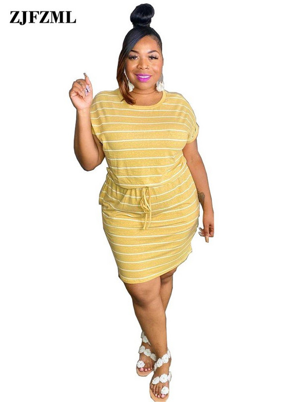 ZJFZML ZZ Liela izmēra sieviešu apģērbs Balts, svītrains apdruka ar apaļu kakla izgriezumu ar īsām piedurknēm aukliņu ar augstu vidukli Taisni T-krekli Kleitas