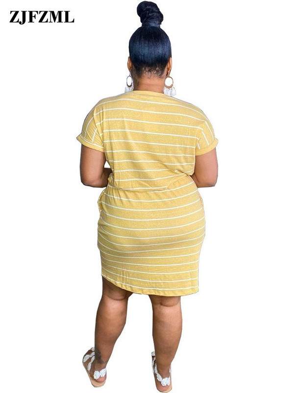 ZJFZML ZZ Liela izmēra sieviešu apģērbs Balts, svītrains apdruka ar apaļu kakla izgriezumu ar īsām piedurknēm aukliņu ar augstu vidukli Taisni T-krekli Kleitas