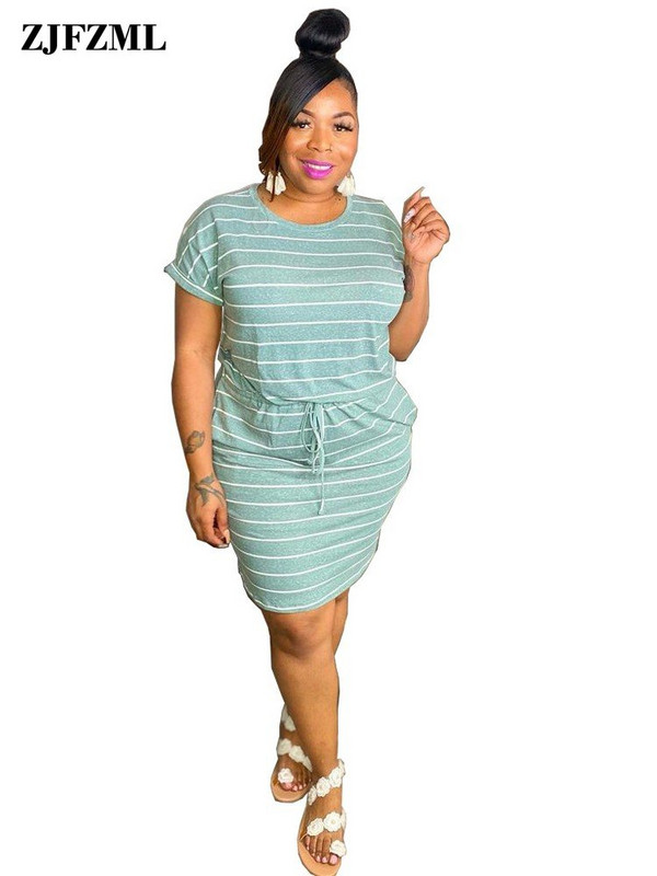 ZJFZML ZZ Liela izmēra sieviešu apģērbs Balts, svītrains apdruka ar apaļu kakla izgriezumu ar īsām piedurknēm aukliņu ar augstu vidukli Taisni T-krekli Kleitas