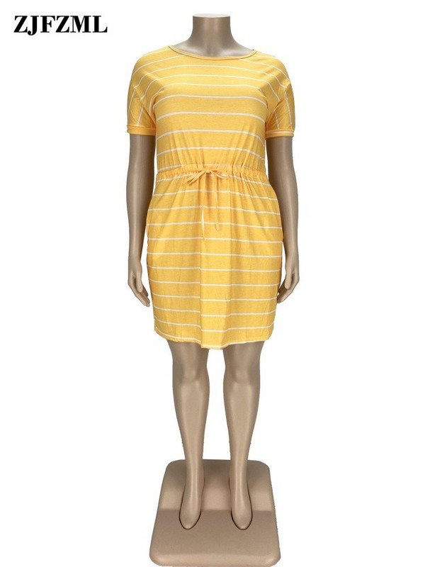 ZJFZML ZZ Liela izmēra sieviešu apģērbs Balts, svītrains apdruka ar apaļu kakla izgriezumu ar īsām piedurknēm aukliņu ar augstu vidukli Taisni T-krekli Kleitas