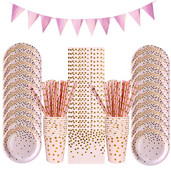 Rozā zelta punktiņu šķīvis salmiņi papīra glāzīte vienreizlietojami galda piederumi dzimšanas dienas ballītes noformējums kāzas, ziemassvētki, bērnu duša Halovīni