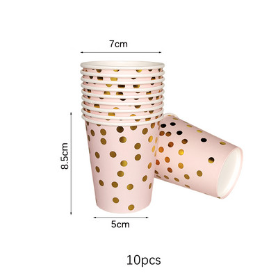 Rozā zelta punktiņu šķīvis salmiņi papīra glāzīte vienreizlietojami galda piederumi dzimšanas dienas ballītes noformējums kāzas, ziemassvētki, bērnu duša Halovīni