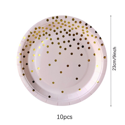 Rozā zelta punktiņu šķīvis salmiņi papīra glāzīte vienreizlietojami galda piederumi dzimšanas dienas ballītes noformējums kāzas, ziemassvētki, bērnu duša Halovīni