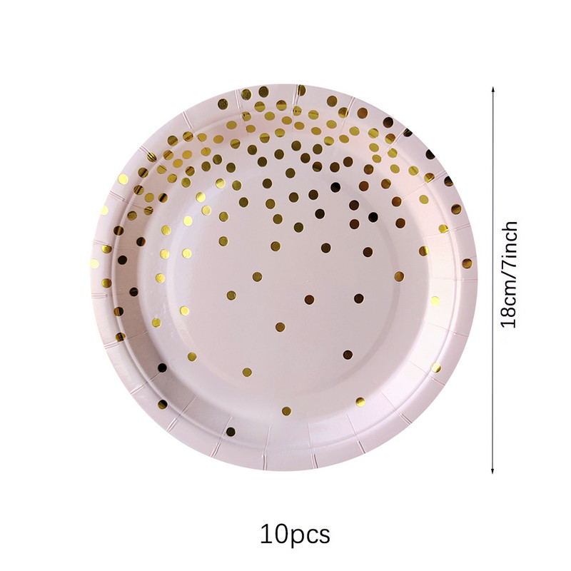 Rozā zelta punktiņu šķīvis salmiņi papīra glāzīte vienreizlietojami galda piederumi dzimšanas dienas ballītes noformējums kāzas, ziemassvētki, bērnu duša Halovīni